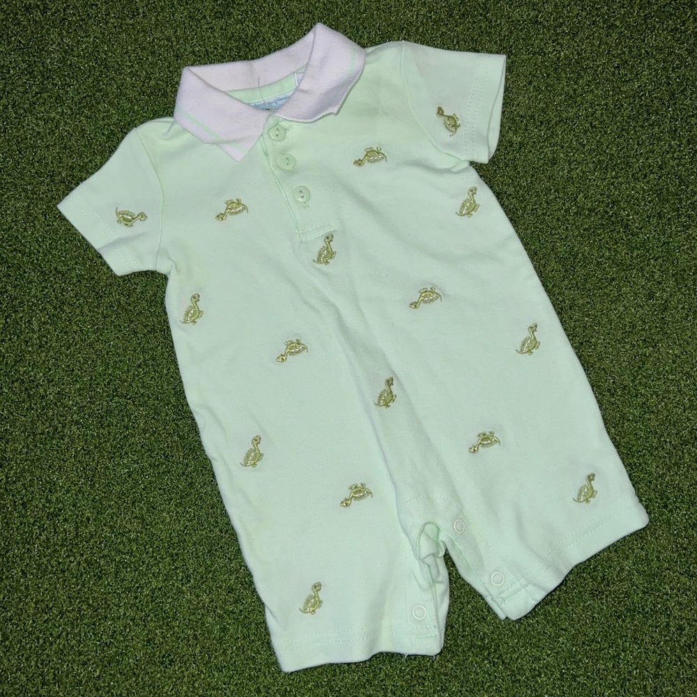 First impressions vintage dinosaur embroidered short sleeve collared romper